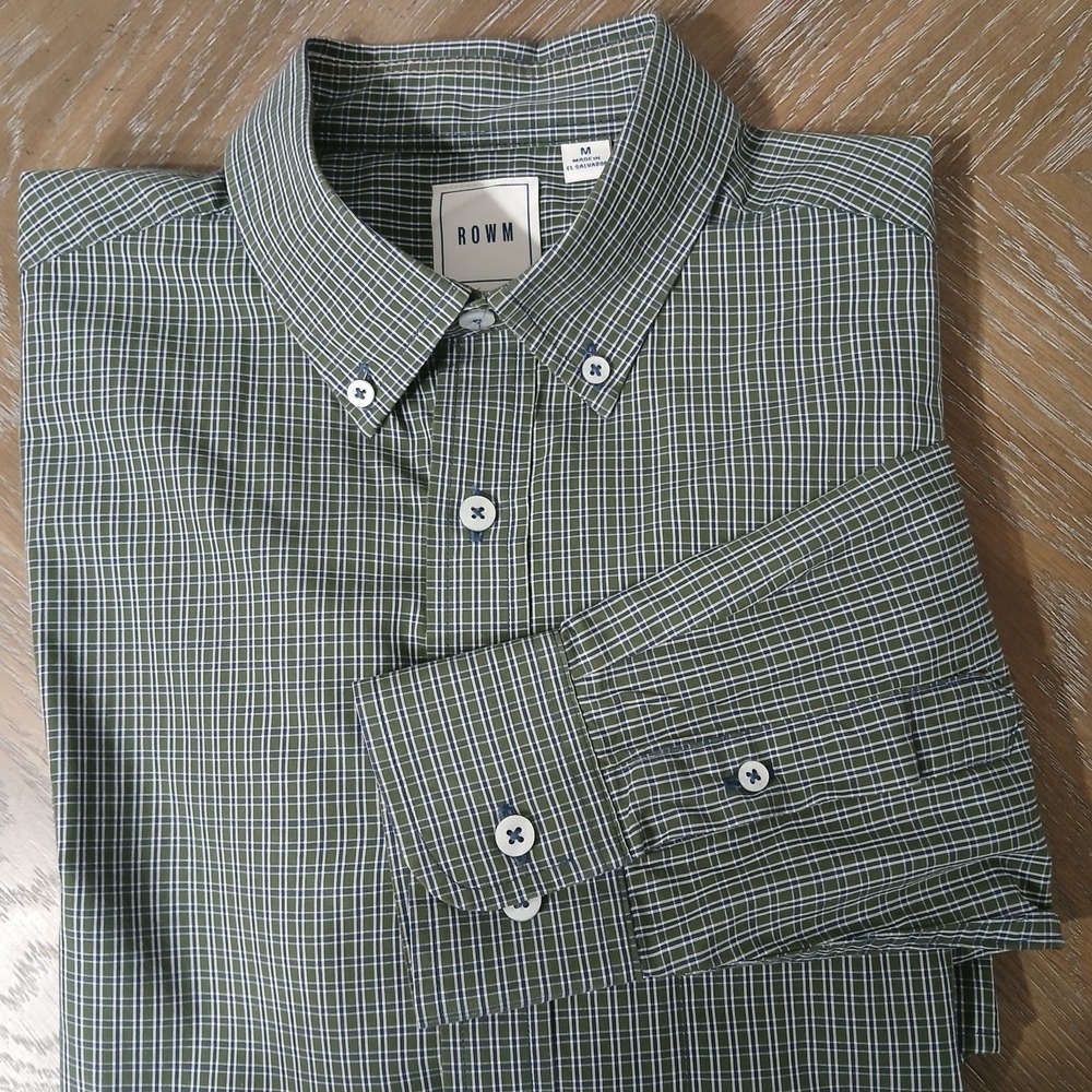 Rowm Shirt Men Sz M Olive Green Blue White Plaid Long Sleeve